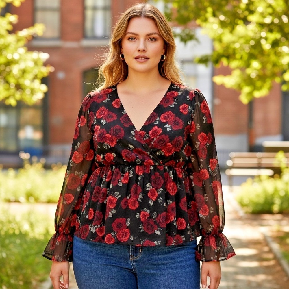 Torrid Popover Top 5X Black Red‎ Rose Floral Surplice Babydoll Sheer Long Sleeve